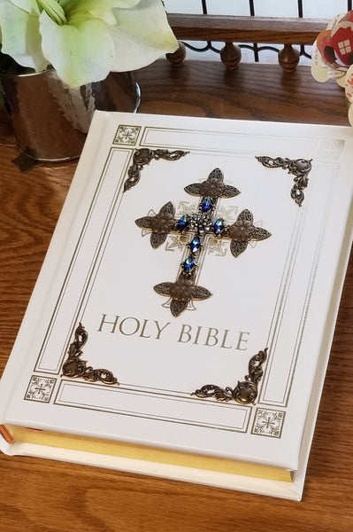 RSV Catholic Jeweled Sapphire Crystal Large Print Family Bible -Ivory