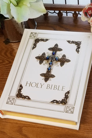 RSV Catholic Jeweled Sapphire Crystal Large Print Family Bible -Ivory