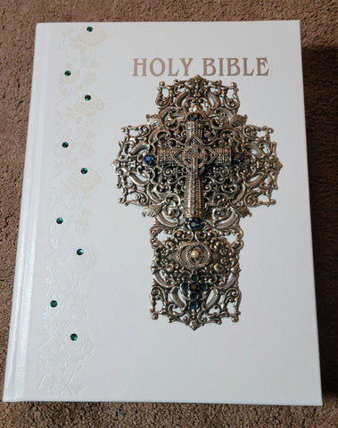 NABre Jeweled Catholic Wedding Bible-White with Blue/green stones