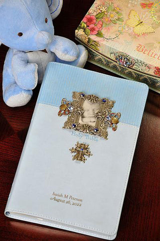 NIV Jeweled Baby Blue Keepsake Bible-Blue Frame and Cross
