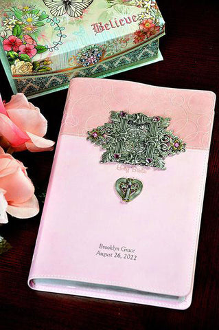 NIV Jeweled Baby Pink Keepsake Bible-Pink Frame And Heart