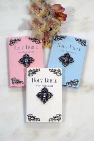 Tiny Baby Bible New Testament Fluer De Lis French Cross-White, Blue, Pink-NIV