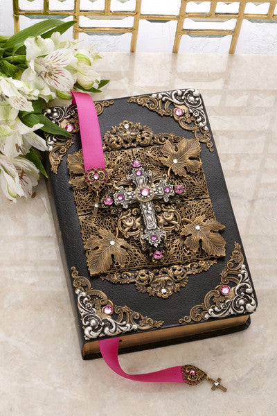 NAB Antique Silver and Rose Crystal Jeweled Large Print Leather Bible