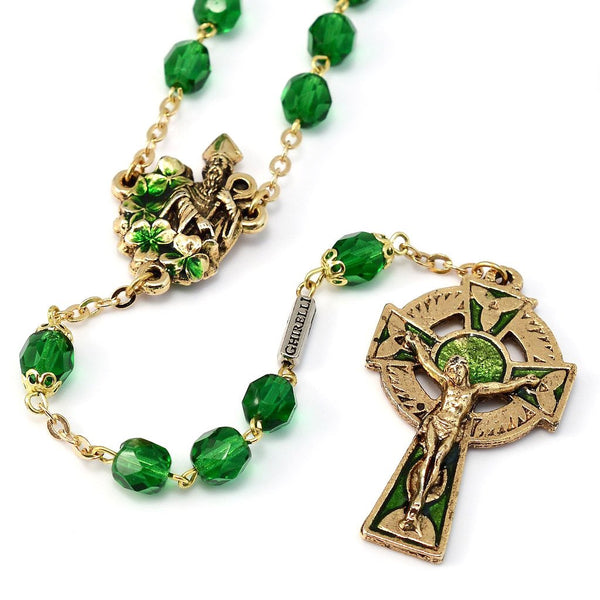 SAINT PATRICK GREEN ENAMEL, FACETED GLASS & GOLD ROSARY