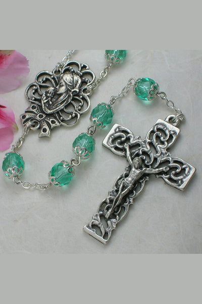 Michele Aquamarine Green Faceted Glass Bead Rosary