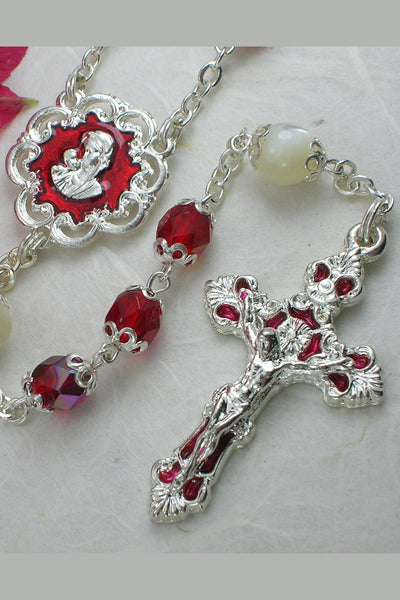 MARY'S MOTHERLY LOVE COLLECTION AURORA BOREALIS RED & SILVER ROSARY