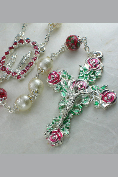 Elisa Antique Pearl White Glass Bead Enameled Rosary with Flowered Our Father Glass Beads