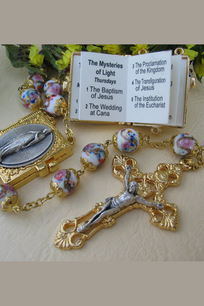 Daniele Hand Decorated Glass Flower Fantasy Rosary with Mysteries Book Centerpiece