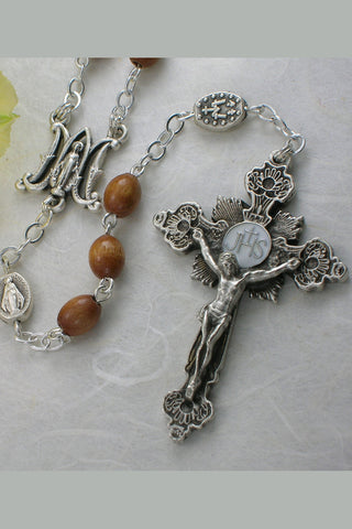 ANNUNCIATION ROSARY, WOOD & SILVER, MIRACULOUS MEDAL