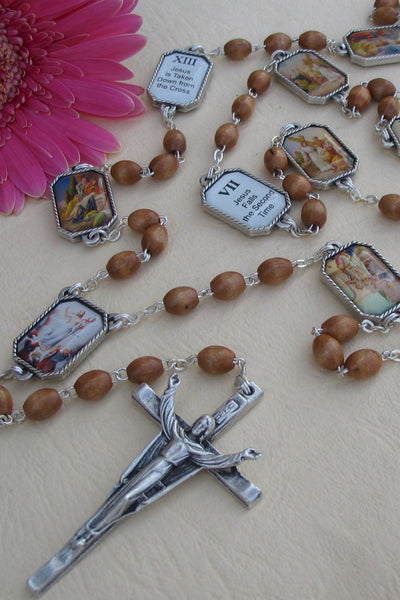 Olive Wood Bead Risen Christ Rosary with 14 Stations of The Way of The Cross