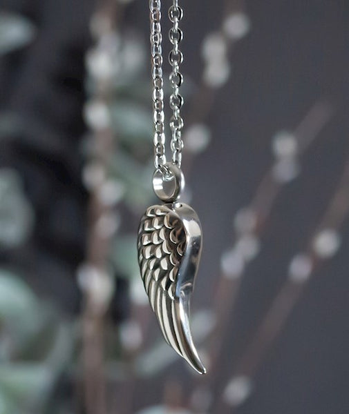 Necklace-Angel Wing Urn-Silvertone