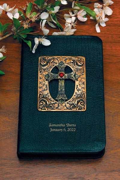 Antiqued Brass and Red Stone Cross Leather Bible Compact Edition-Choice of NKJV or  KJV