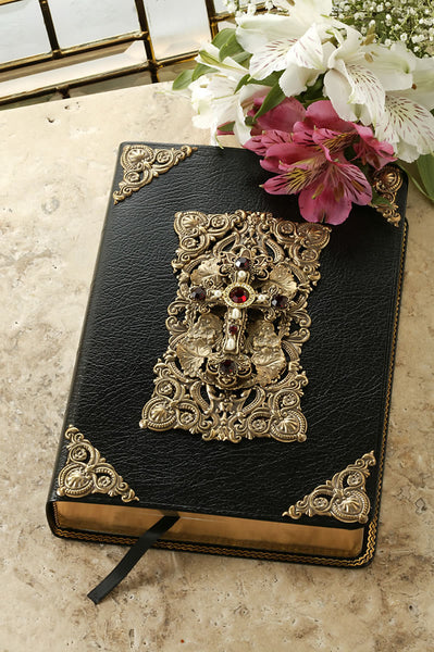 KJV Decorated Cross Black Giant Print Leather Bible with Ruby Crystals