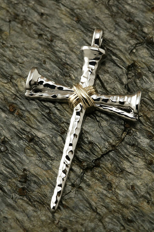 Sterling Silver and 14K Gold Two Tone Nail Cross Pendant-