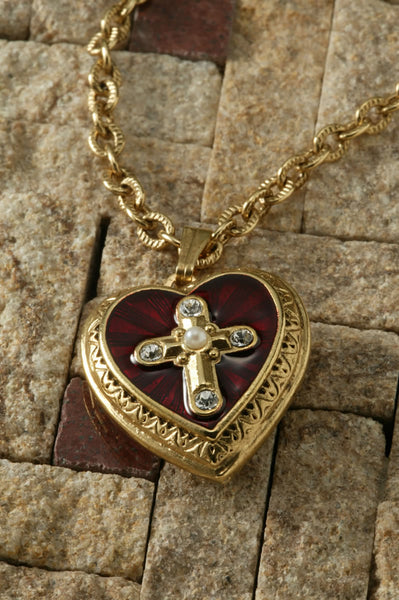 Cross of Glory Heart Locket Necklace-14K Gold-Dipped Red Enamel