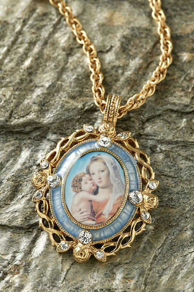 14K GOLD-DIPPED CRYSTAL BLUE ENAMEL MARY AND CHILD PENDANT NECKLACE 24 INCHES