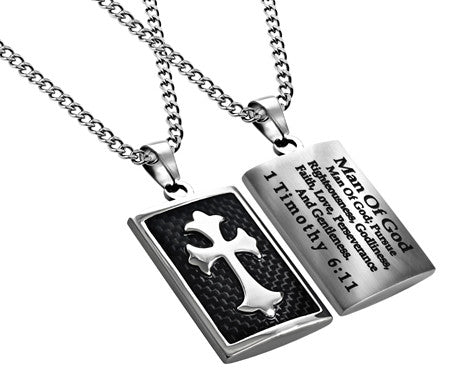Black Deluxe Shield Cross Man of God Necklace-1 Timothy 6:11