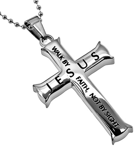 Steel Iron Cross "Walk by Faith" 2 Corinthians 5:7
