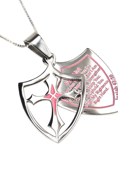 Pink 2 Piece Shield Cross Fear Not Necklace Isaiah 41:10