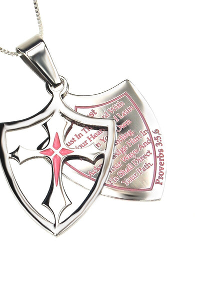 2 Piece Shield Cross Trust Necklace Proverbs 3:5,6 - Pink