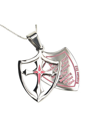 2 Piece Shield Cross Transformed Necklace Romans 12:2 - Pink