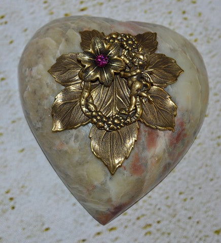 Heart Paperweight Pink Flower and Cupid