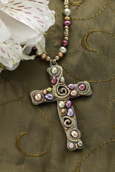 Colored Freshwater Pearl Cross Necklace