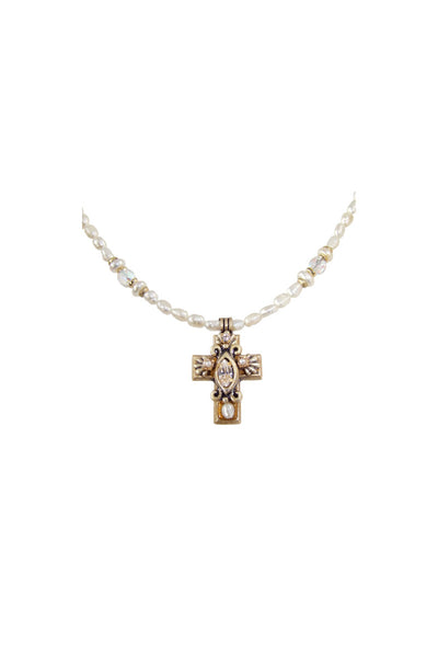 Freshwater Pearl & Crystal Small Gemstone Cross Necklace