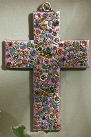 Pastel Doves & Flowers Gemstone Wall Cross