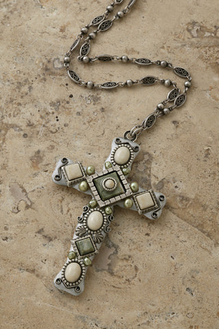 River Stone, Rhyolite and Freshwater Pearl 3" Cross Necklace