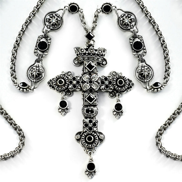 Queens Gemstone Cross Necklace Silver and Black