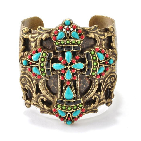 Turquoise Jeweled Crystal  Cross Cuff Bracelet