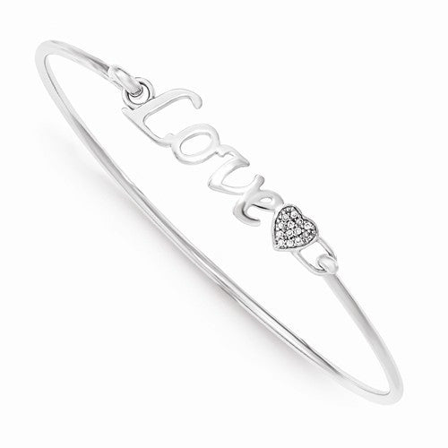 Sterling Silver Polished CZ LOVE with Heart Bangle