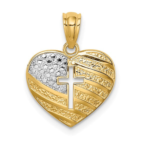 14K with Rhodium US Flag With Cross Heart Pendant
