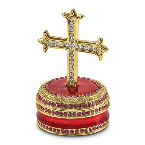 Bejeweled REVERENCE Cross on Round Trinket Box