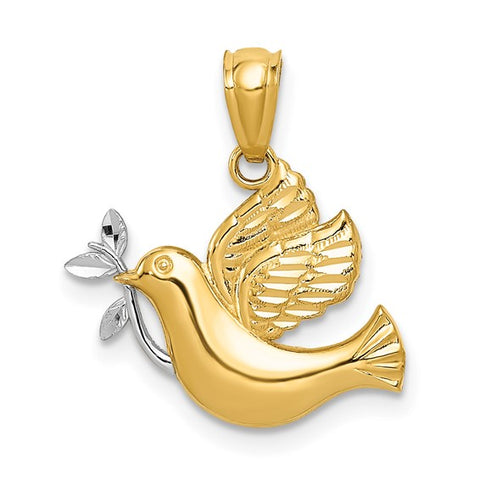 14k with Rhodium Polished Dove with Olive Branch Pendant