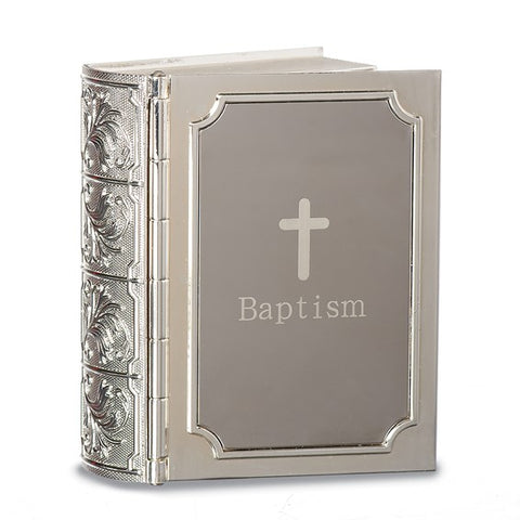 Silver-tone Ivory Enamel Baptism Bible Keepsake Box