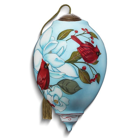 Two Cardinals On White Flower Ornament