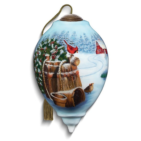 Cardinal Couple On Winter Barrel Ornament