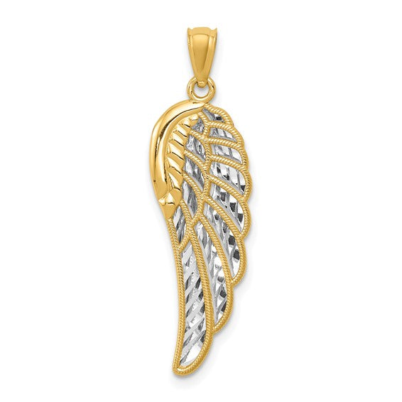 14K with Rhodium Polished Two Level Angel Wing Pendant