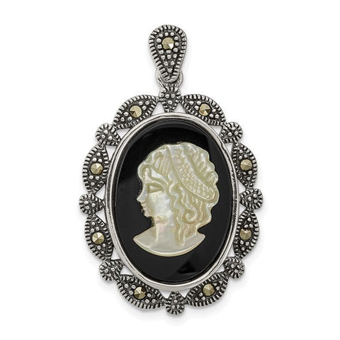 Sterling Silver Antiqued Marcasite Black Agate and MOP White Cameo Pendant