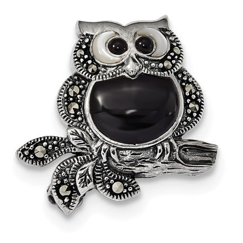 Sterling Silver Antiqued Marcasite/Mother of Pearl/Black Agate Owl Pin