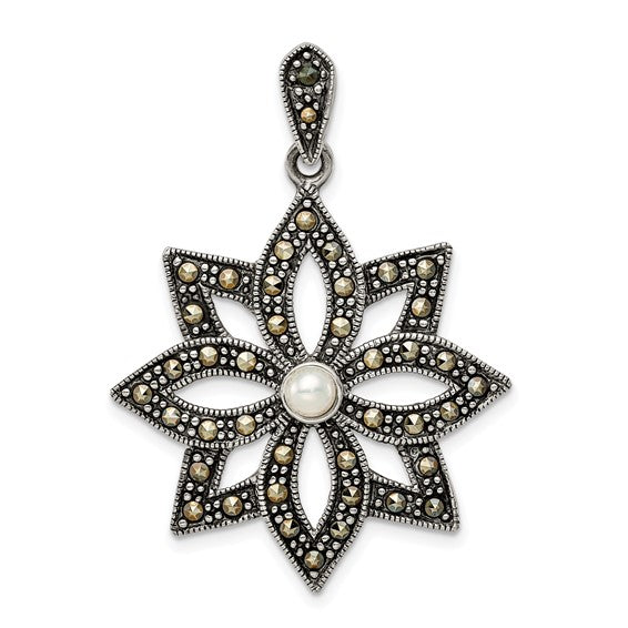 Sterling Silver Antiqued Marcasite and Imitation Pearl Flower Pendant