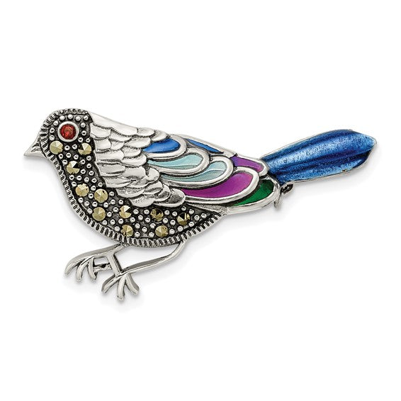 Sterling Silver Antiqued Enameled Marcasite and Garnet Bird Pin