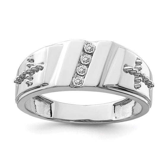 Sterling Silver Rhodium Plated Diamond and Cross Men's Ring
