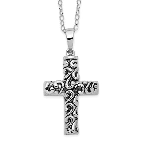 Sterling Silver Rhodium-plated Antiqued Cross Remembrance Ash Holder 18 Inch Necklace