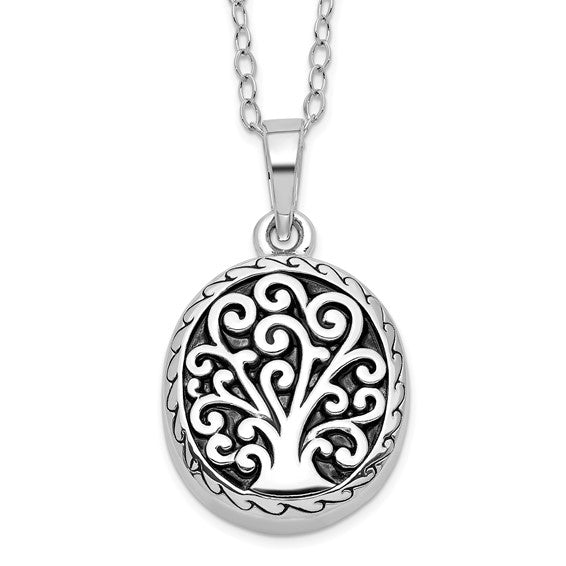 Sterling Silver Rhodium-plated Antiqued Tree of Life Ash Holder 18in Necklace