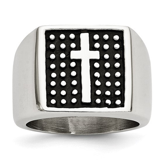Stainless Steel Antiqued Polished and Textured Cross Signet Ring
