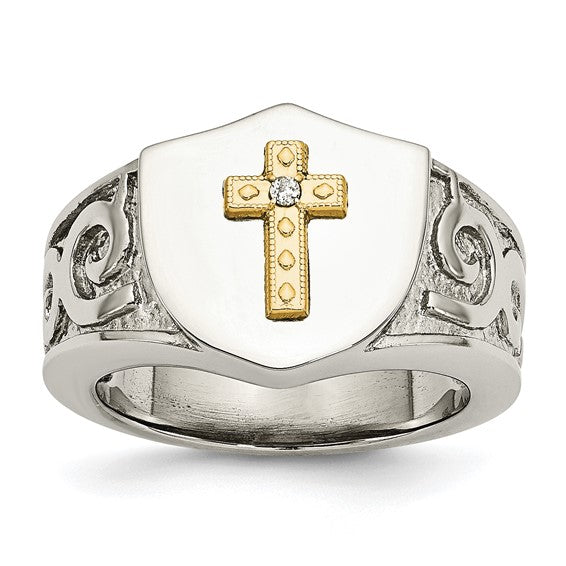 Stainless Steel Polished with 10K Gold Cross and .02ct Diamond Ring