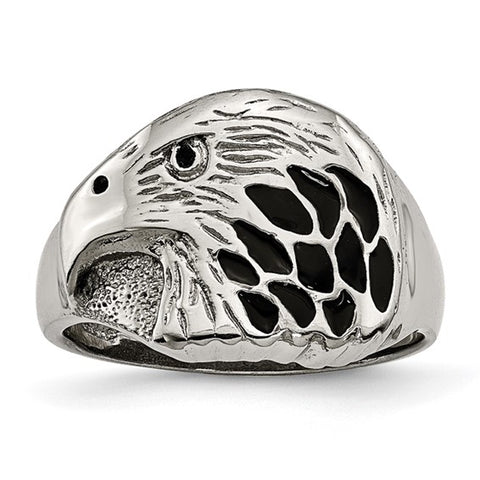 Stainless Steel Polished and Textured Black Enameled Eagle Ring